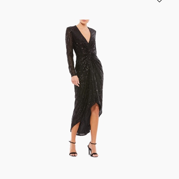 NWT size 10 Mac Duggal Black Sequined Long Sleeve Midi Cocktail Dress $298 - Picture 1 of 5